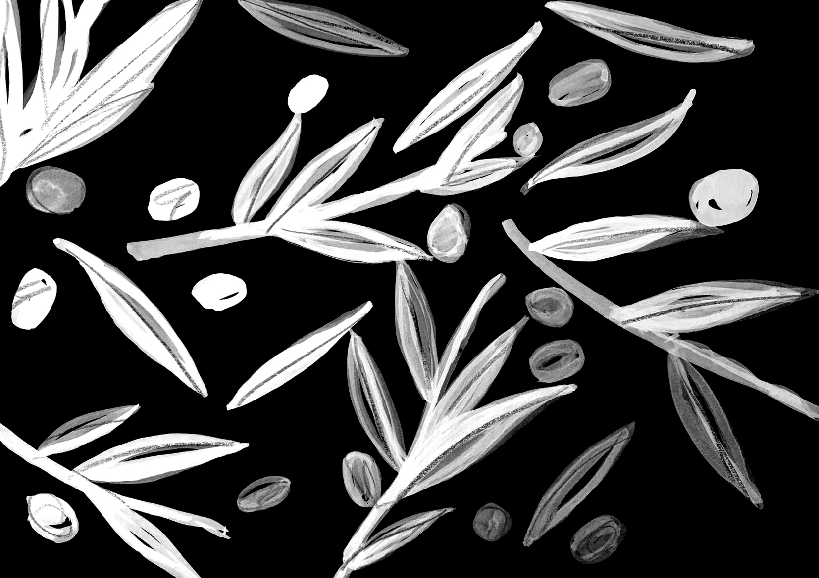 Hand-painted olive branches and Picual olives — La Piedra del Molino