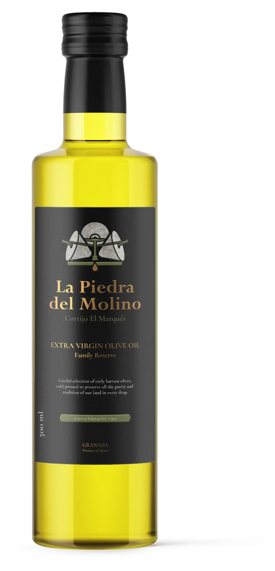 La Piedra del Molino bottle of single estate Picual olive oil, clear glass 500ml